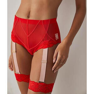 NWT $98 HAH Hole in 1 Panty Lace Cut-Out Removable Garter Lingerie Red Pink XS